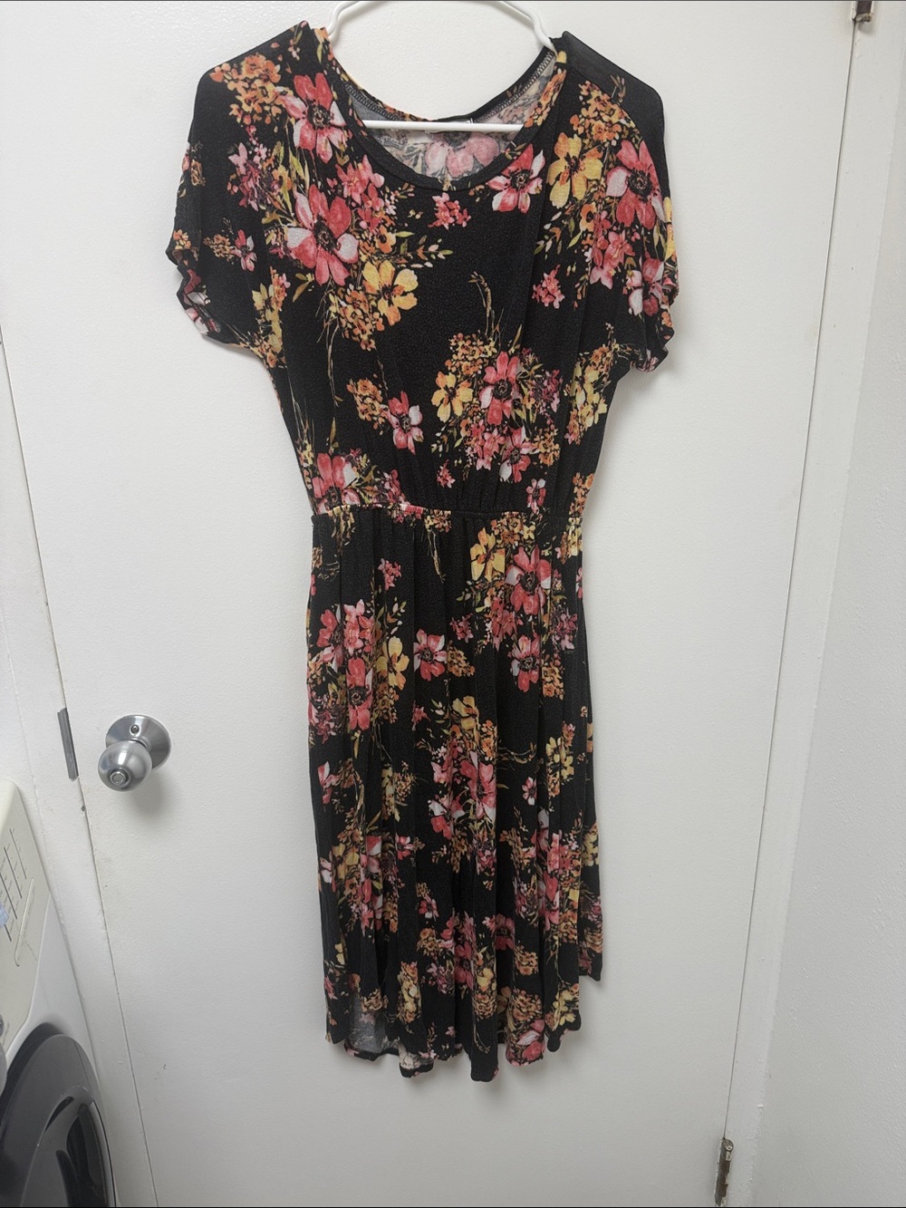 Reb & J Black Floral Midi Dress with Pink & Yellow Blooms — Women's Casual Midi